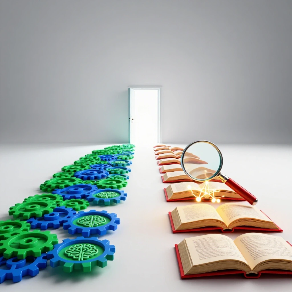 Two colorful symbolic paths—one with gears and brains, one with books and a neural network—converge at a bright doorway.