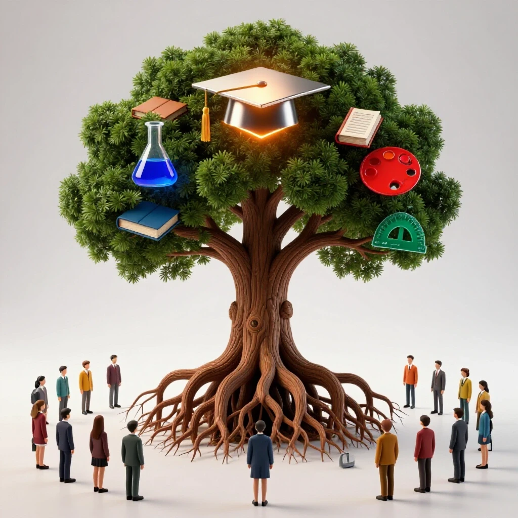 A vibrant tree with branching roots representing various academic subjects supports a glowing graduation cap, surrounded by colorful student symbols.