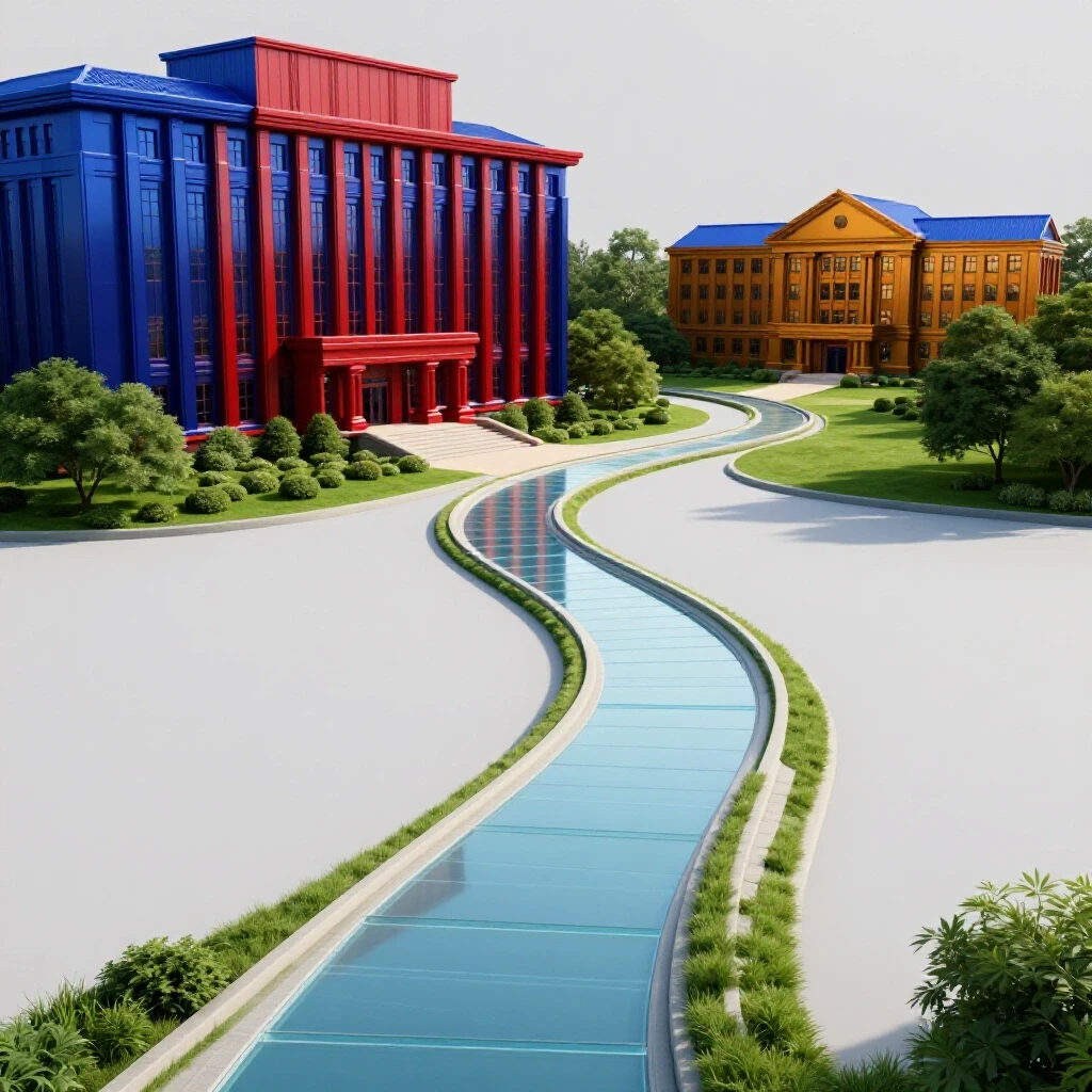 A winding path connects a grand, crowded university to a bright, welcoming small college set in lush greenery.