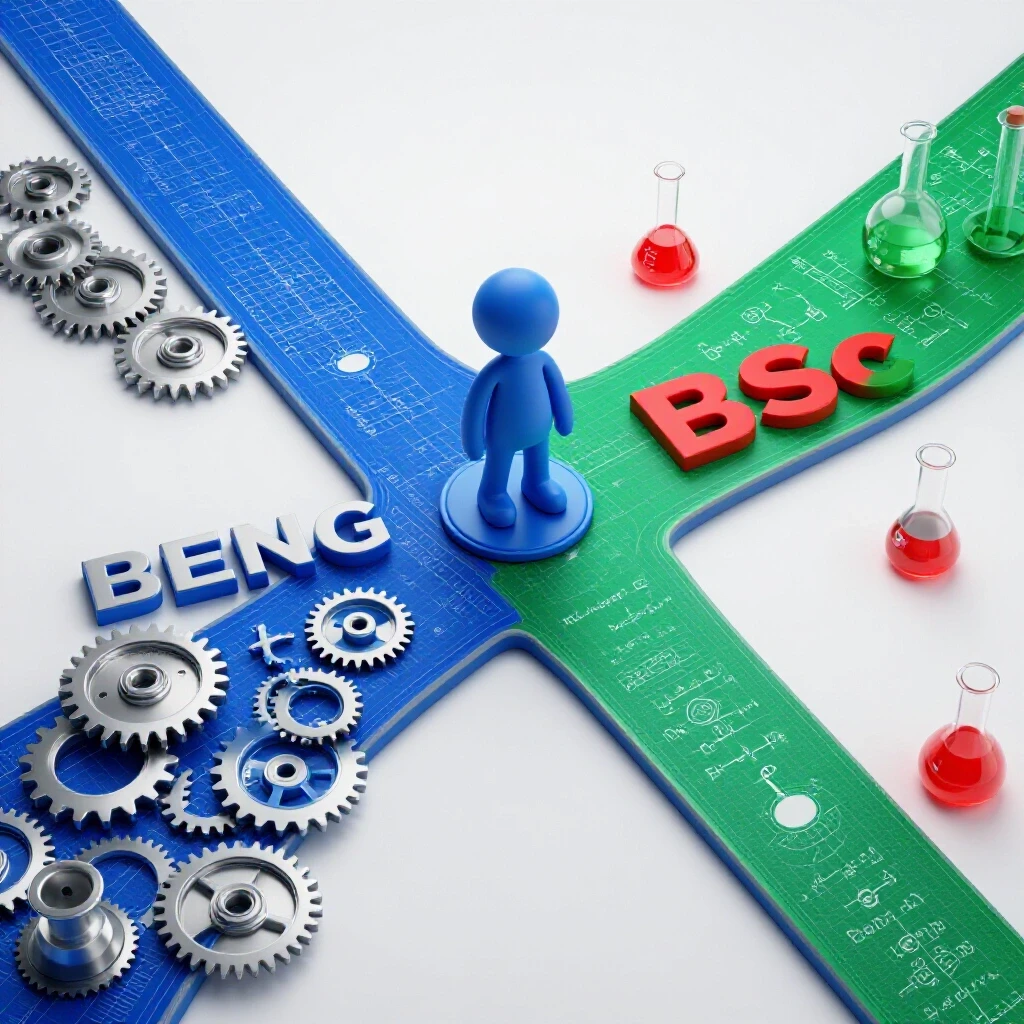 A vibrant crossroads with one path lined by technical gears and blueprints, the other with scientific lab equipment and formulas, symbolizing a choice between BEng and BSc.