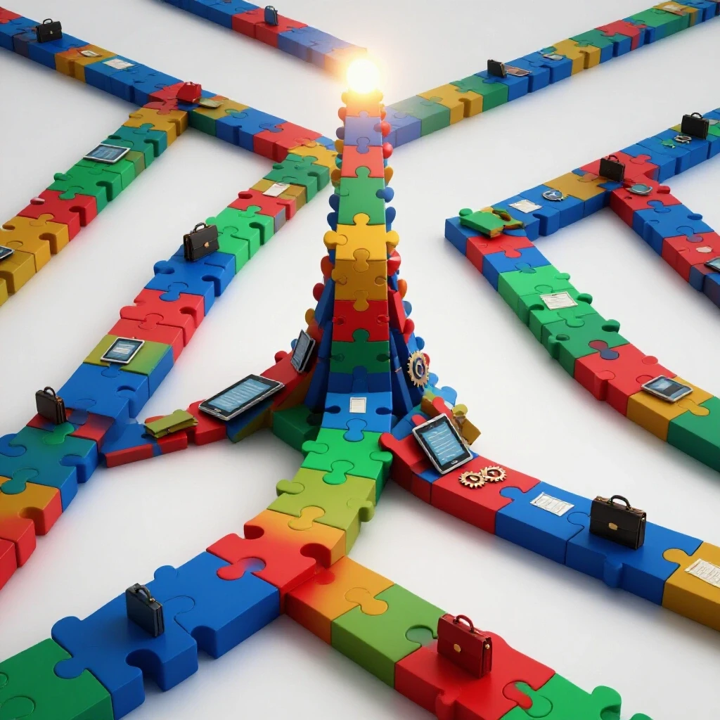 Vivid puzzle-path of deep colors ascends toward a radiant summit, with career symbols marking agile progression.