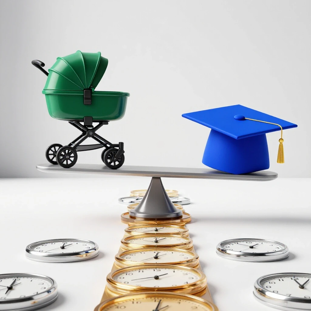 A modern balancing scale with a baby stroller and a graduation cap, set over a path of metallic clocks symbolizing parents balancing time and education.