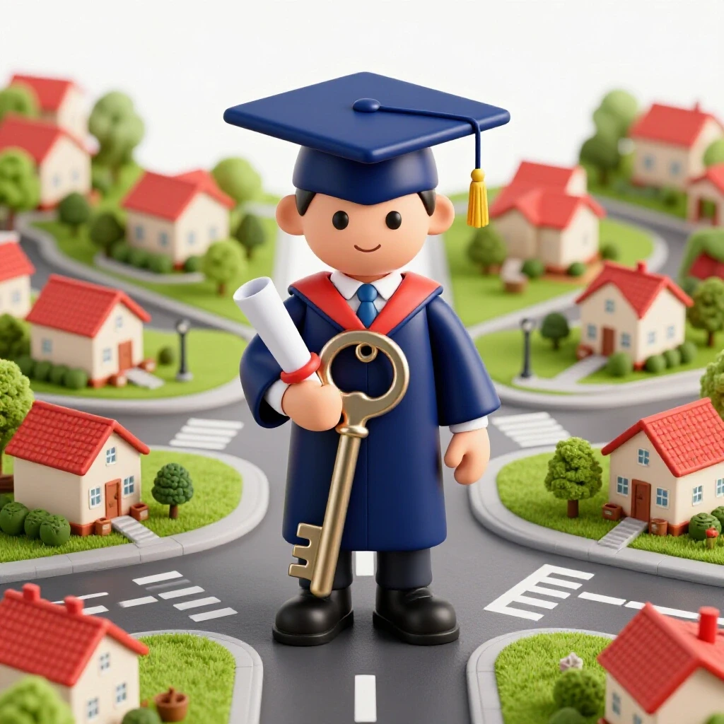 Glossy graduation cap, diploma, and metallic house key at a crossroads leading to a colorful suburban neighborhood