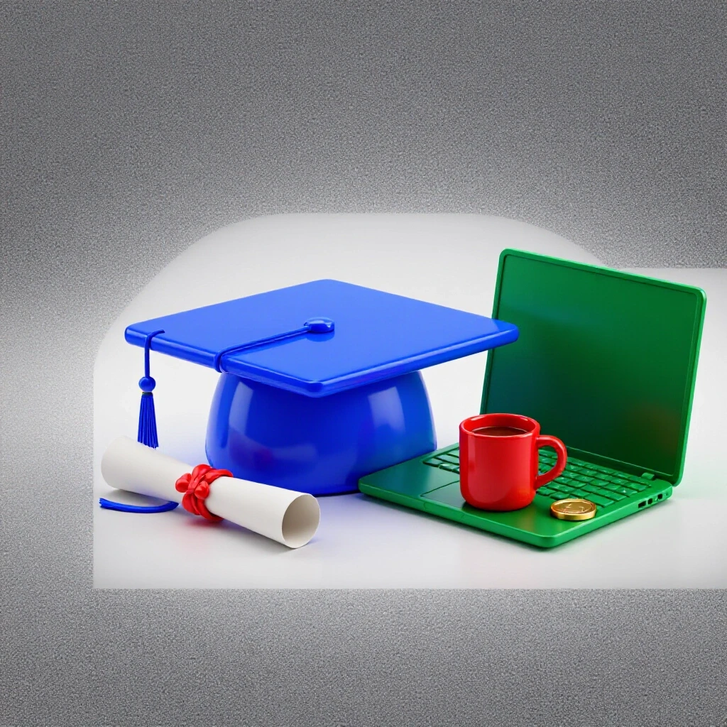 Split scene showing a graduation cap and diploma merging into a digital workspace with laptop, coffee cup, and coin.