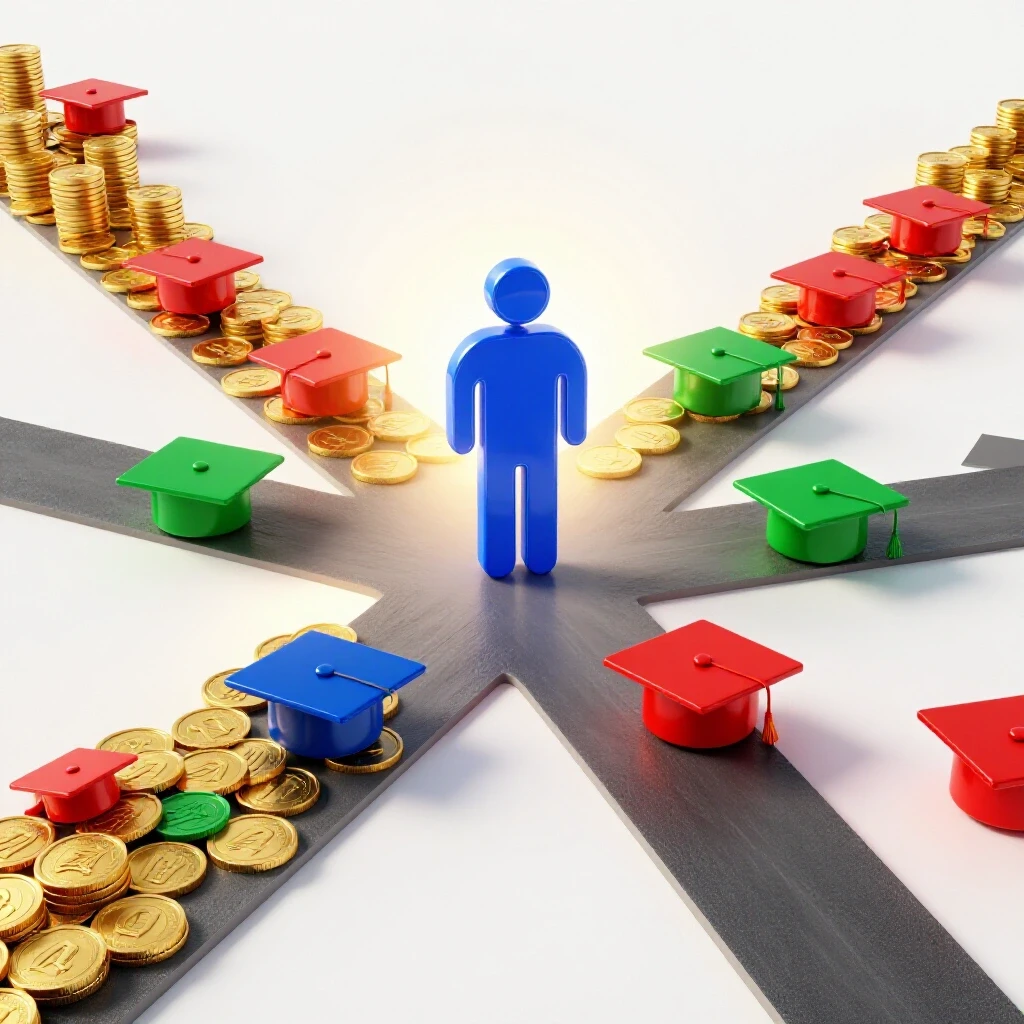 Symbolic crossroads with golden coins, graduation caps, and a confident student figure highlighting degree choices.