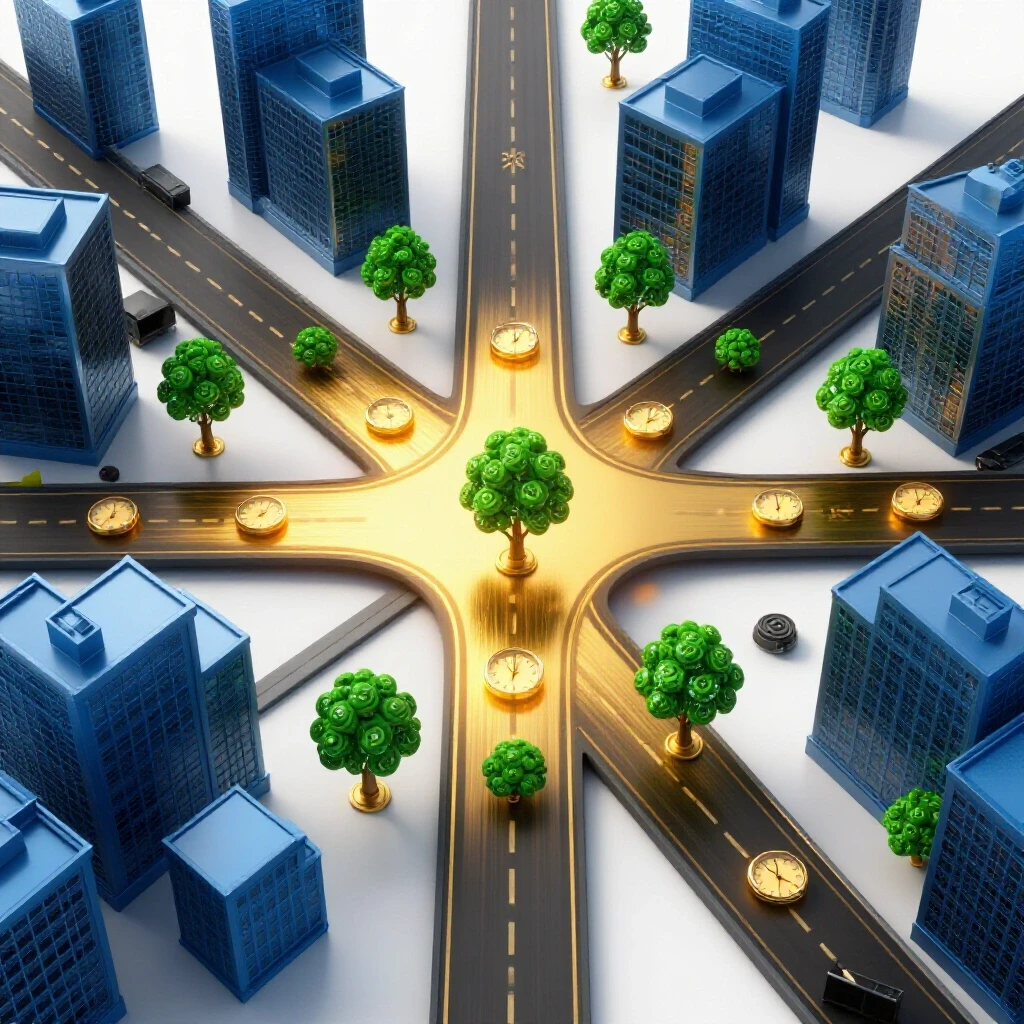 Central crossroads scene with golden-lit path lined by money trees and clocks, contrasting a shadowed route of traditional office buildings, symbolizing strategic choices for early financial freedom.