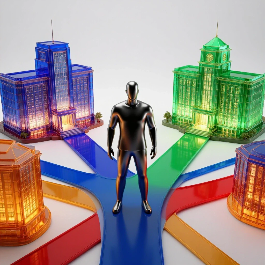 Stylized adult silhouette at crossroads with four vibrant paths leading to glowing academic buildings.