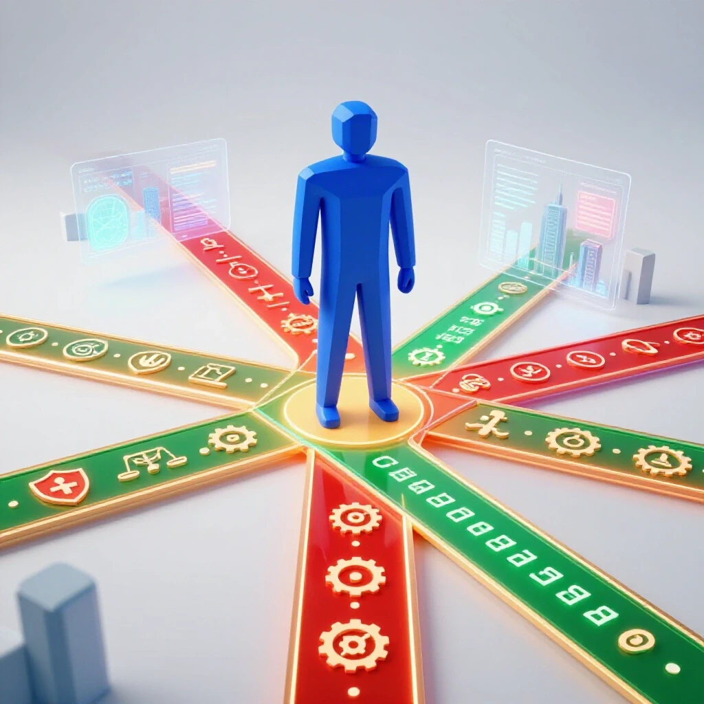 Abstract adult figure at crossroads with glowing paths, career symbols, floating data charts and a modern cityscape.