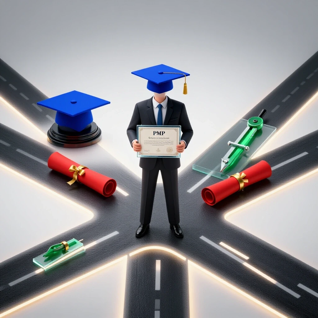 A crossroads with a professional holding a PMP certificate at the center, illuminated paths branching to graduation caps, diplomas, and academic symbols.