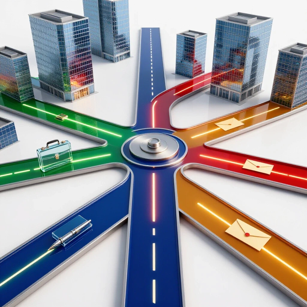 Glossy crossroads with glowing, colorful paths leading to modern office buildings and office items on each route