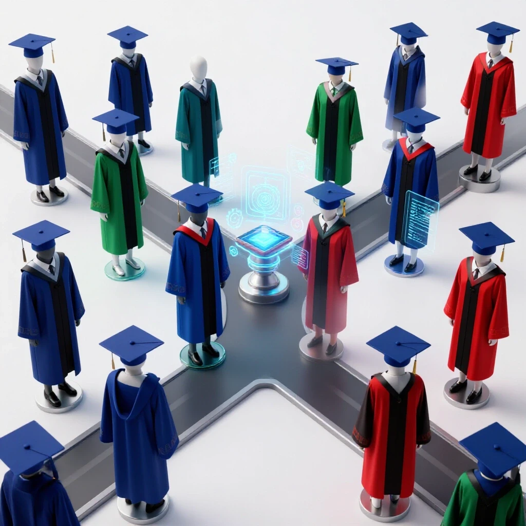 Crossroads with colorful academic robes and glowing AI holograms symbolizing AI support career paths.