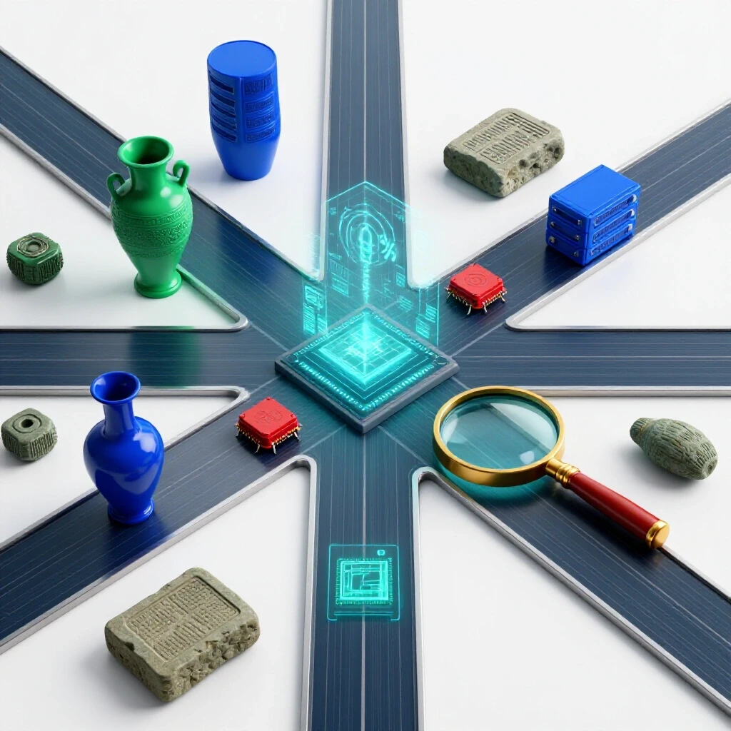 Intersecting crossroads with ancient artifacts and digital data symbols merging in a bright modern research setting.