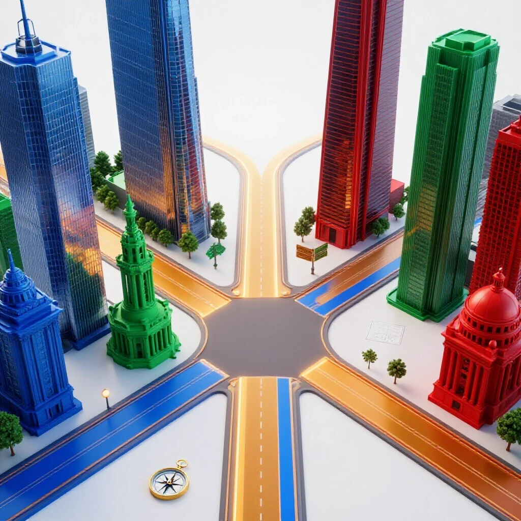 Futuristic and classic buildings rise on opposite sides of a glowing crossroads with illuminated pathways