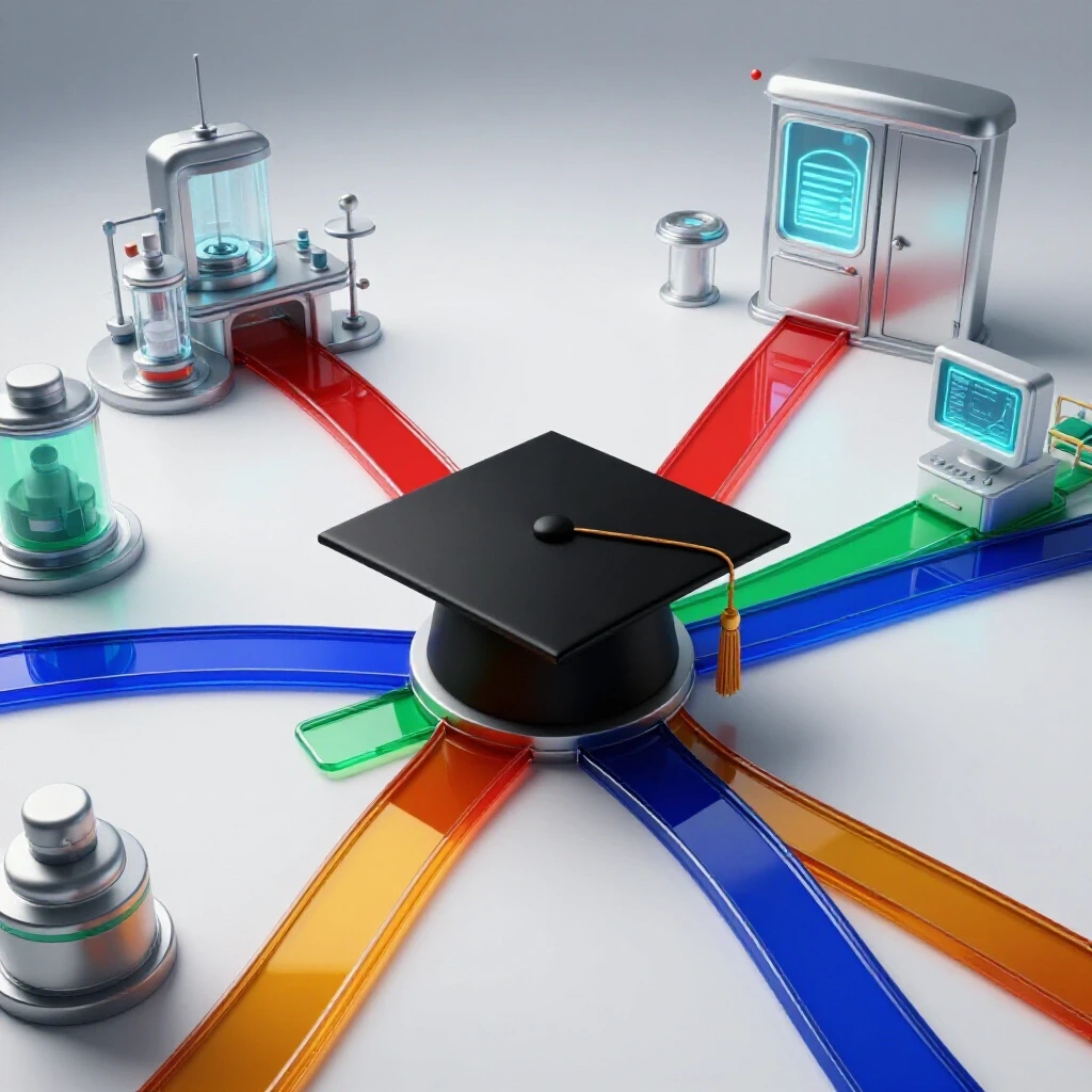 A glossy black graduation cap at the center of branching vibrant pathways leading to futuristic labs and hospitals, set against a bright, clean studio background.