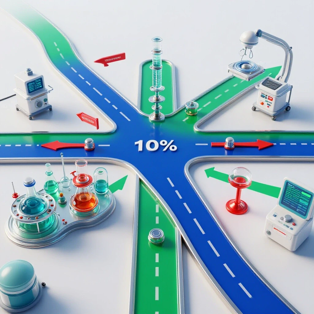 A vibrant crossroads with one path leading to a high-tech laboratory and another to a busy hospital, symbolizing distinct biomedical career pathways.