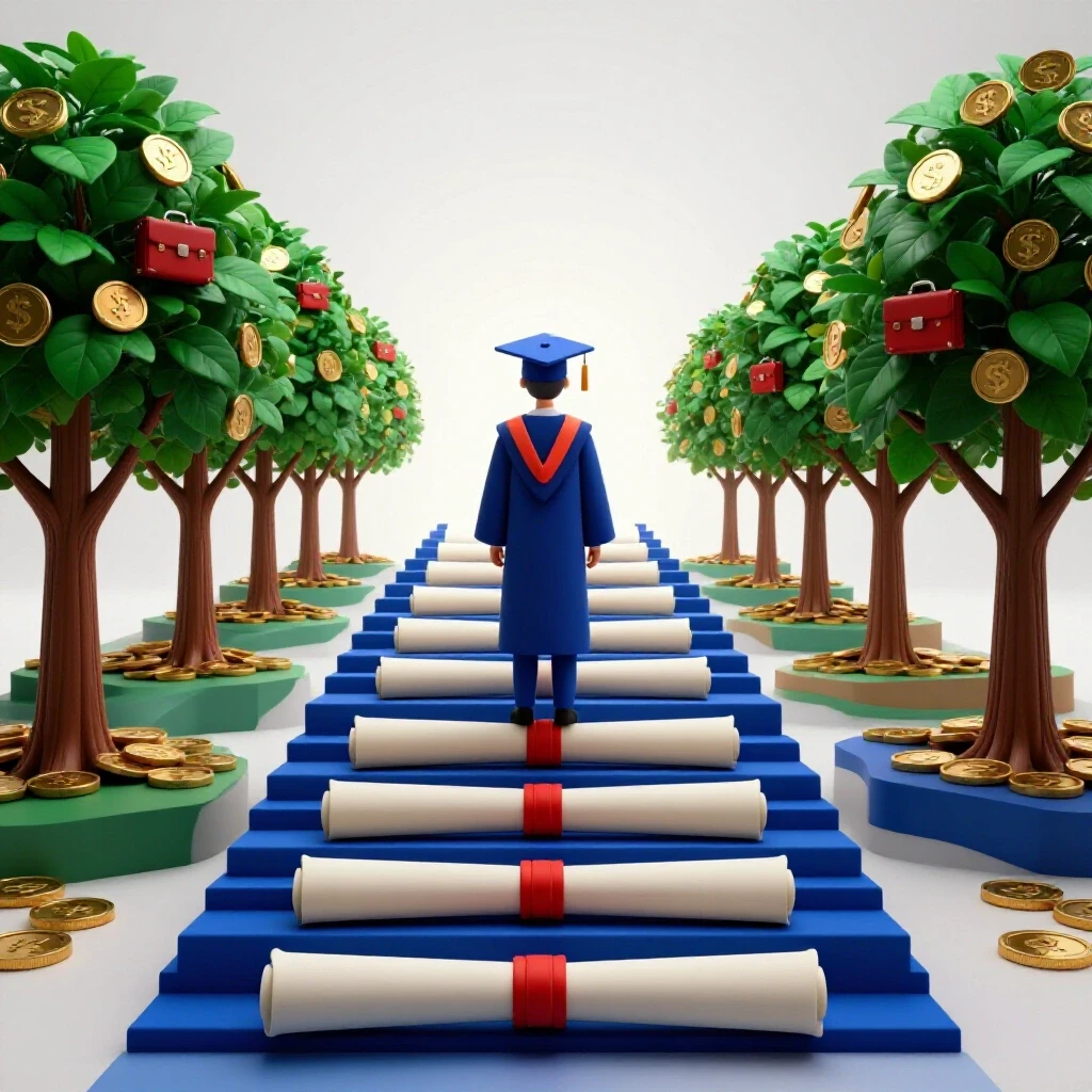 A graduate atop a staircase of diplomas looking towards trees with coins and briefcases on a bright background.