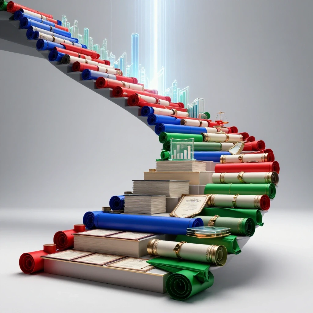 Glossy diploma and certificate staircase ascends dynamically toward a bright horizon with career symbols