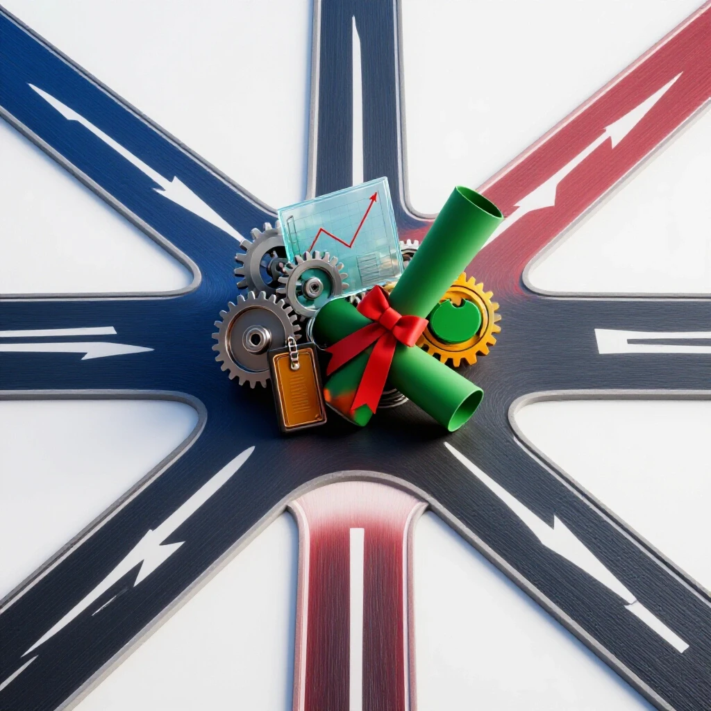 Crossroads of vibrant career paths with gears, charts, and certificates symbolizing operations career choices.