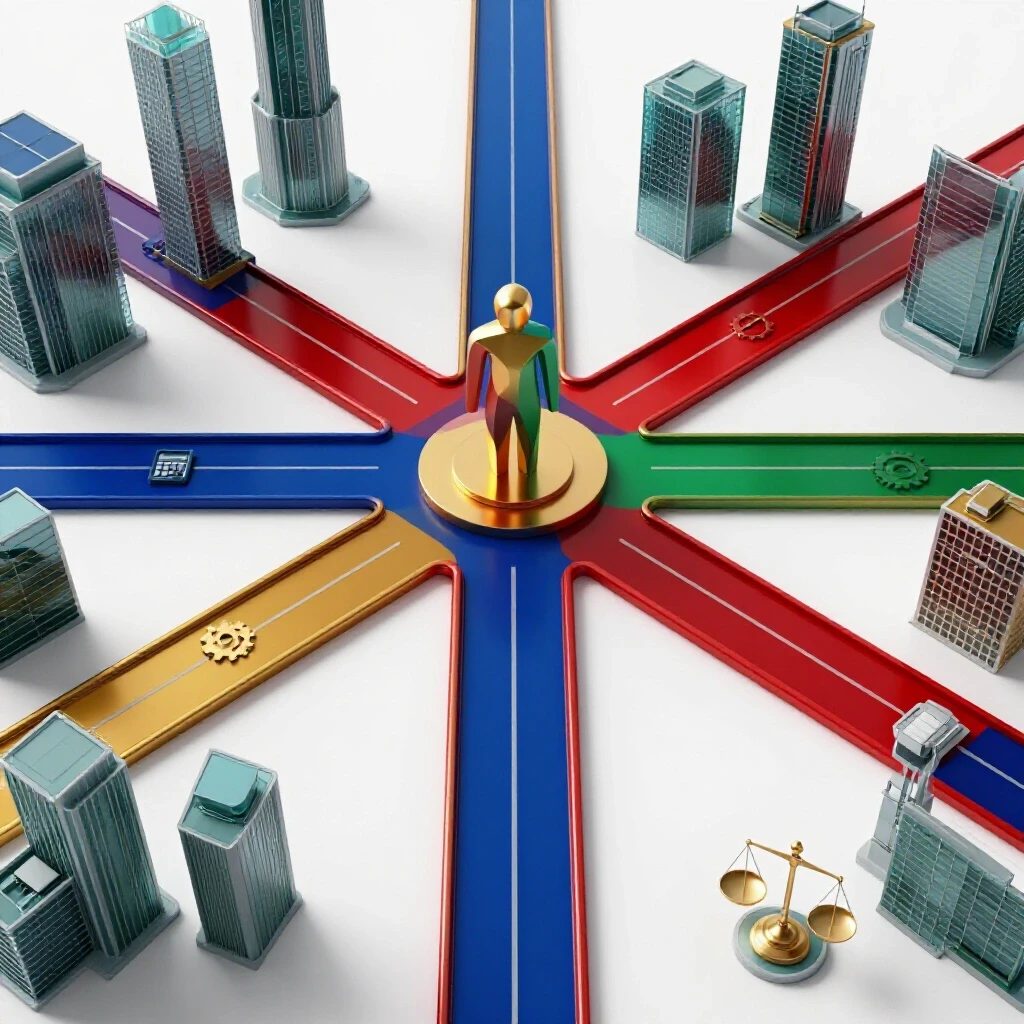 Vivid crossroads with colorful pathways leading to modern city skylines and academic symbols representing consulting career choices