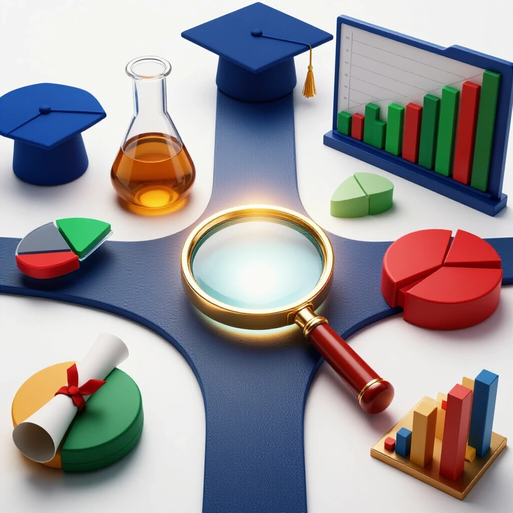 Colorful academic symbols converge at a crossroads toward a glowing magnifying glass on a bright background.