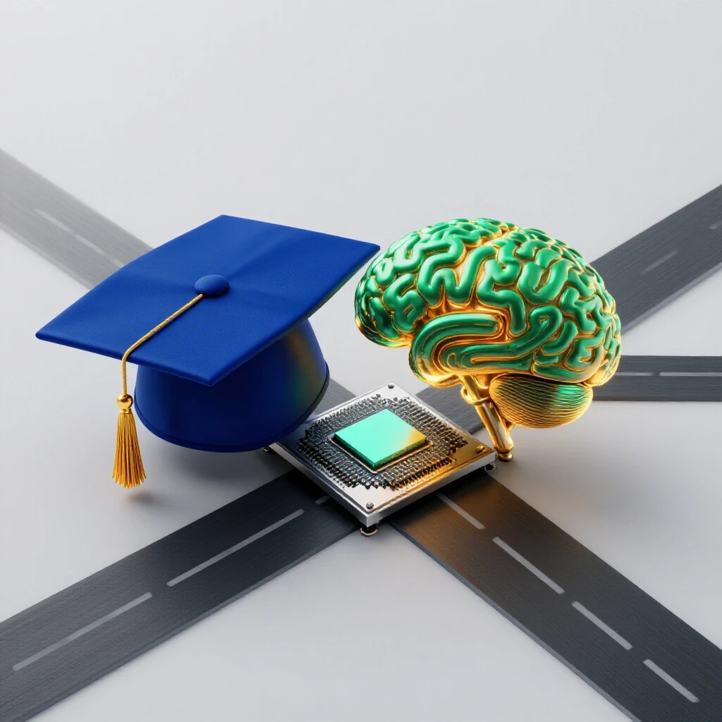 A glossy graduation cap meets a futuristic AI neural chipset at a crossroads on a bright studio background.