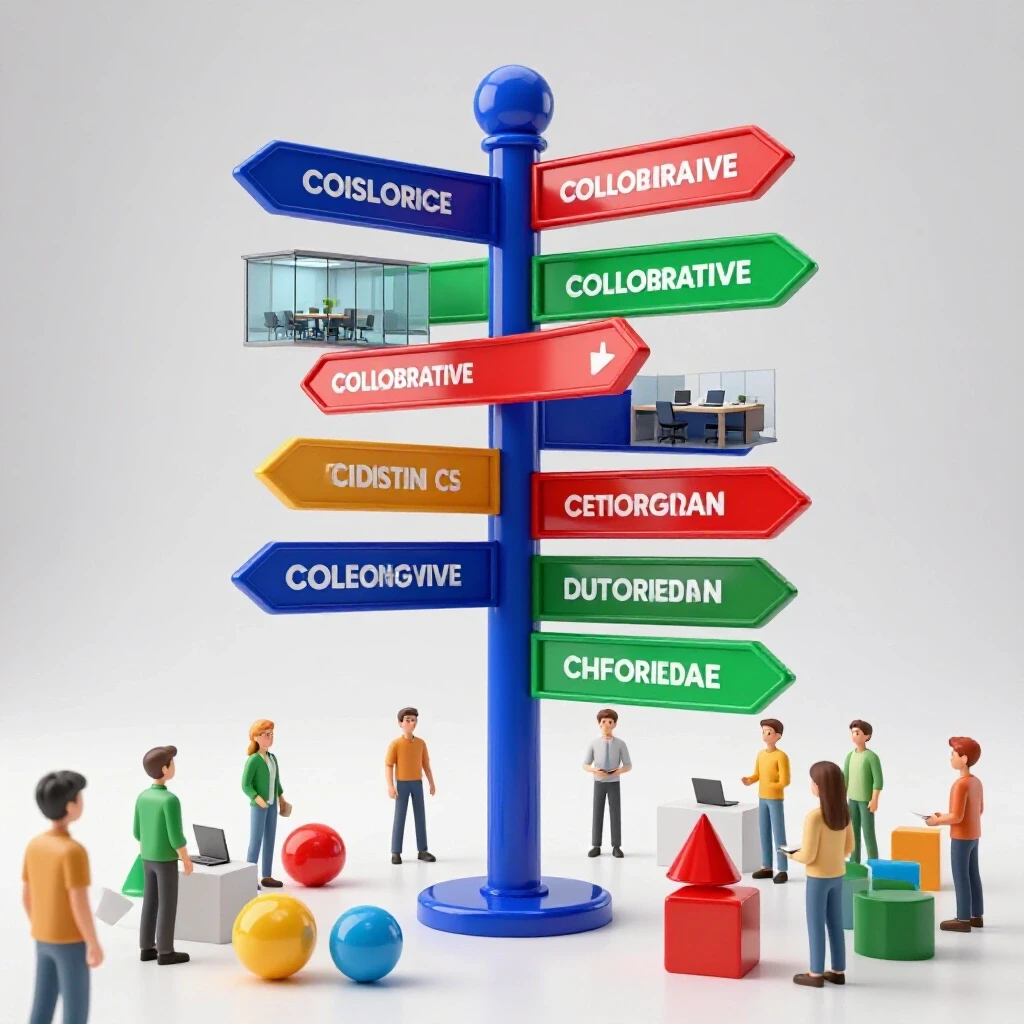 Vibrant signpost with colorful paths pointing to modern office icons, surrounded by diverse geometric symbols for career options.