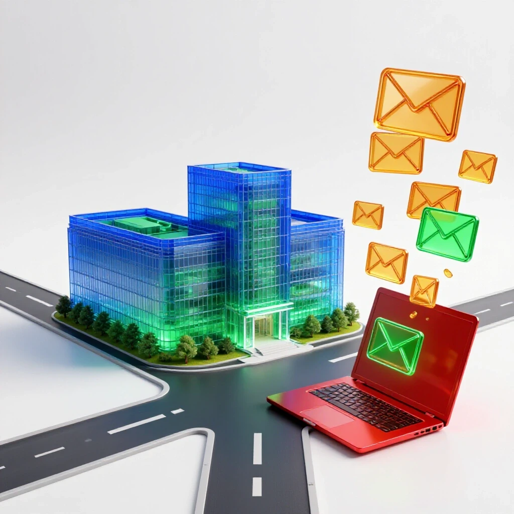 A crossroads scene with a glowing blue university building on one path and a crimson laptop with email icons flying out on the other, set on a bright white background.