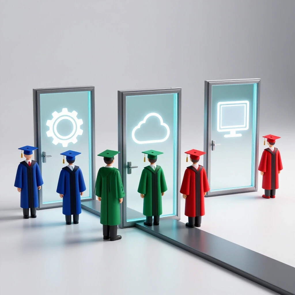 Three rich-colored graduation caps and gowns stand at different doors with tech icons on a bright white background.