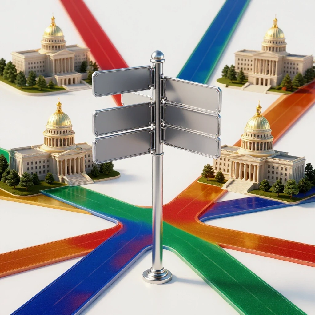 Glossy colored pathways branching at a central signpost, leading to bright government buildings on a white background.