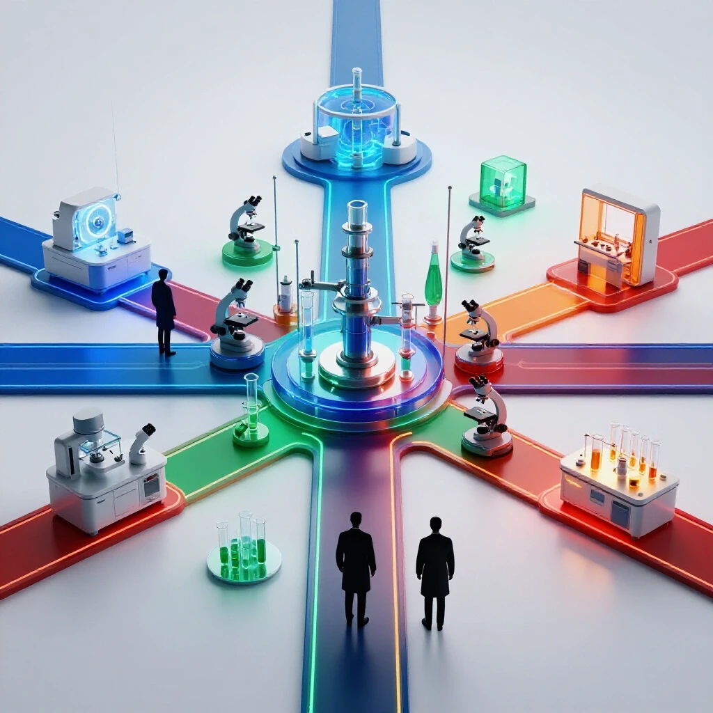 Futuristic crossroads with vivid laboratory equipment and lab coat silhouettes branching into glowing, high-tech biomedical environments.