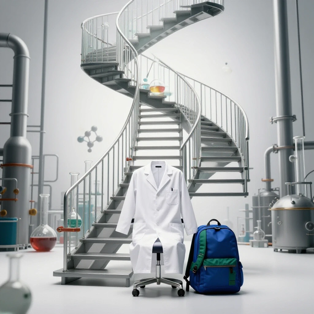 Twisting chemistry glassware staircase ascending into a bright industrial scene, lab coat and backpack at base, on a luminous white background.