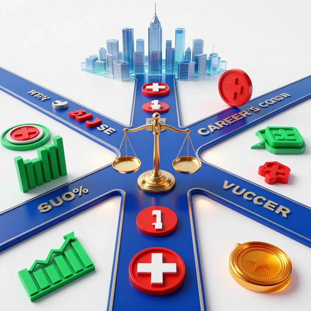 Dramatic crossroads lined with legal, finance, health, and certification symbols leading to a shining city skyline.