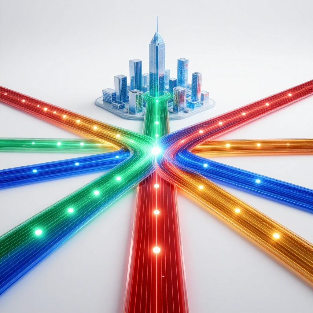 Vivid crossroads with glowing data streams branching to futuristic cityscapes symbolizing database careers.