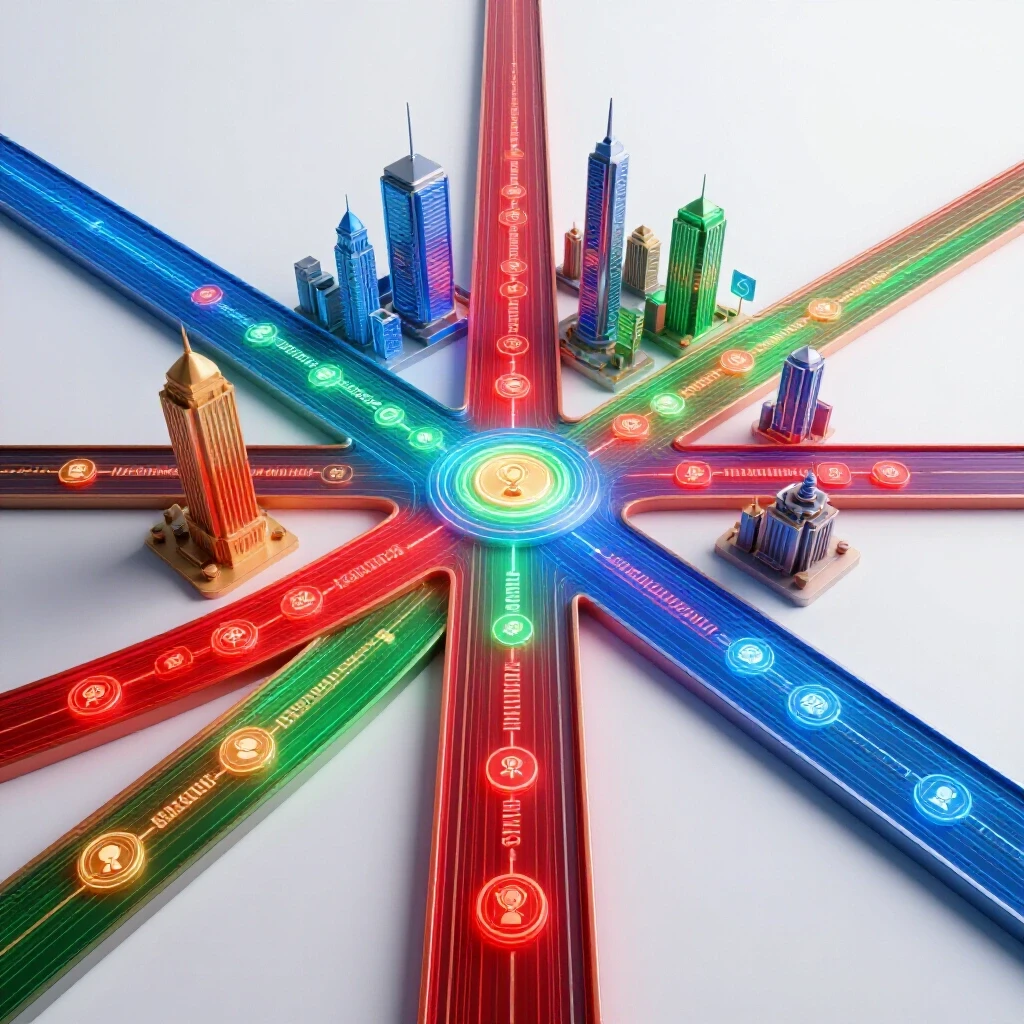 Vibrant crossroads of glowing data streams merging into distinct academic paths, each leading toward a luminous digital cityscape with degree symbols.
