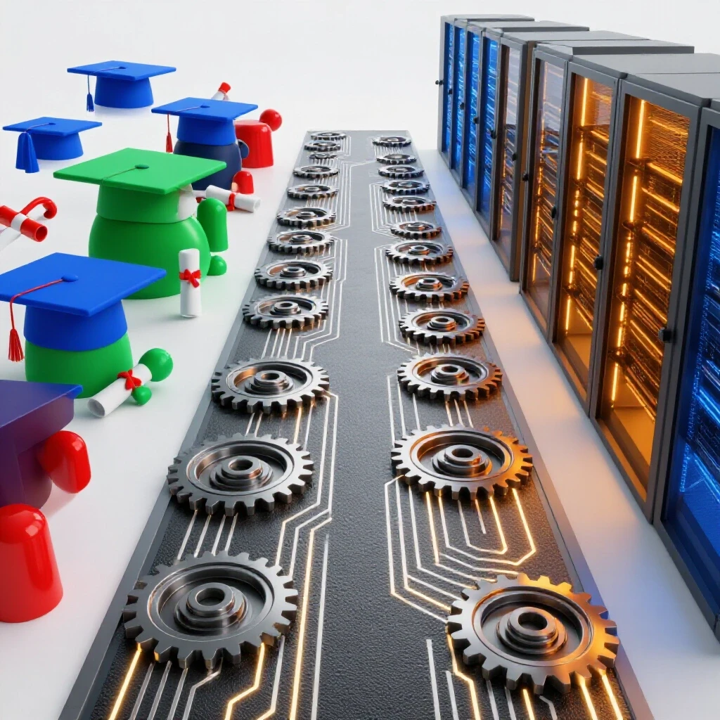 Interconnected gears and circuit lines bridge graduation symbols to a futuristic server room on a bright background.