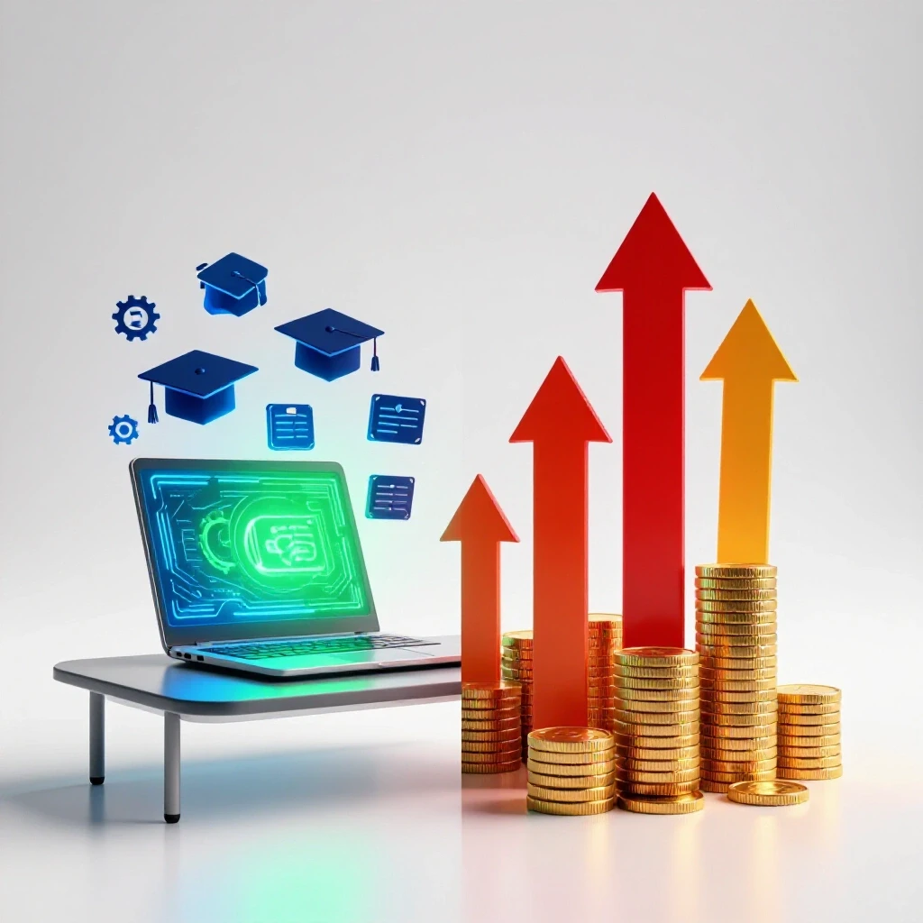 Vivid image of a glowing laptop with digital icons on one side and upward arrows with gold coins on the other, symbolizing e-learning careers and advancement.