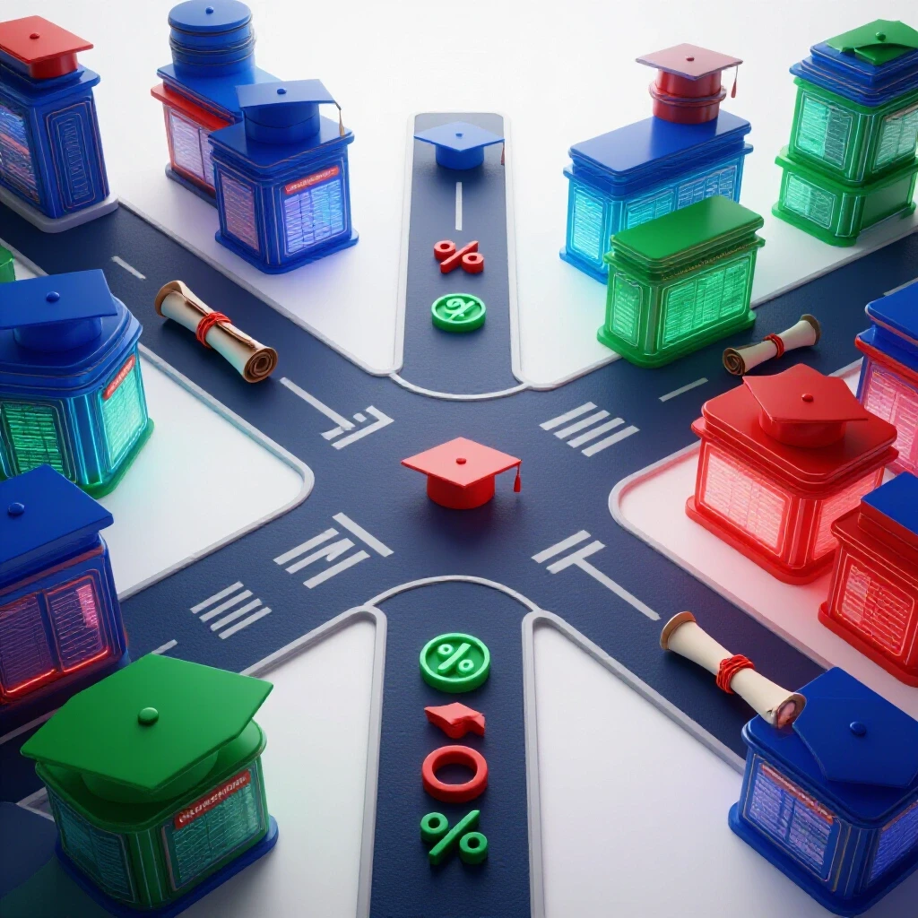 A futuristic crossroads blends digital storefronts with graduation caps and diplomas, symbolizing e-commerce career pathways.