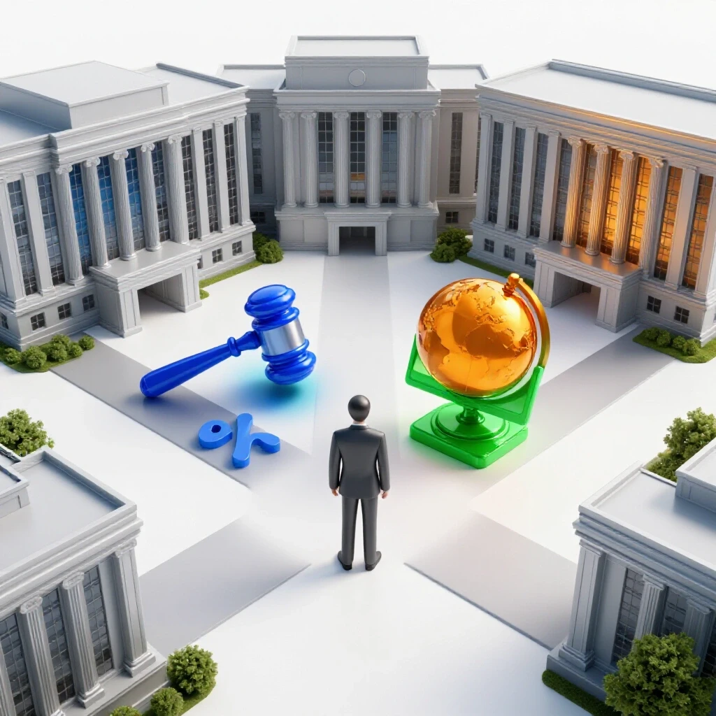 A crossroads with imposing government buildings, vibrant academic symbols, and diverging paths symbolizing federal career choices.