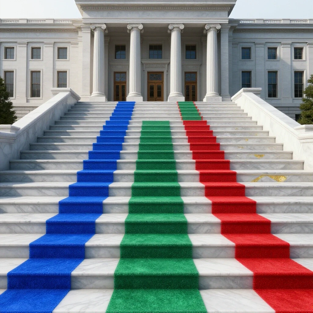Grand marble staircase with bold colored pathways leading to a government building, symbolizing academic fields.