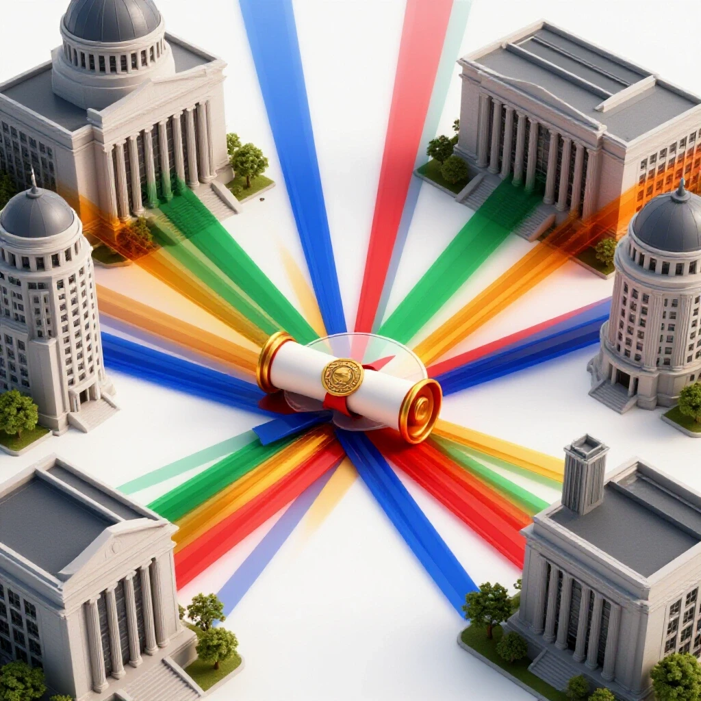 A central diploma at a bright crossroads with bold colored paths leading to grand government buildings.