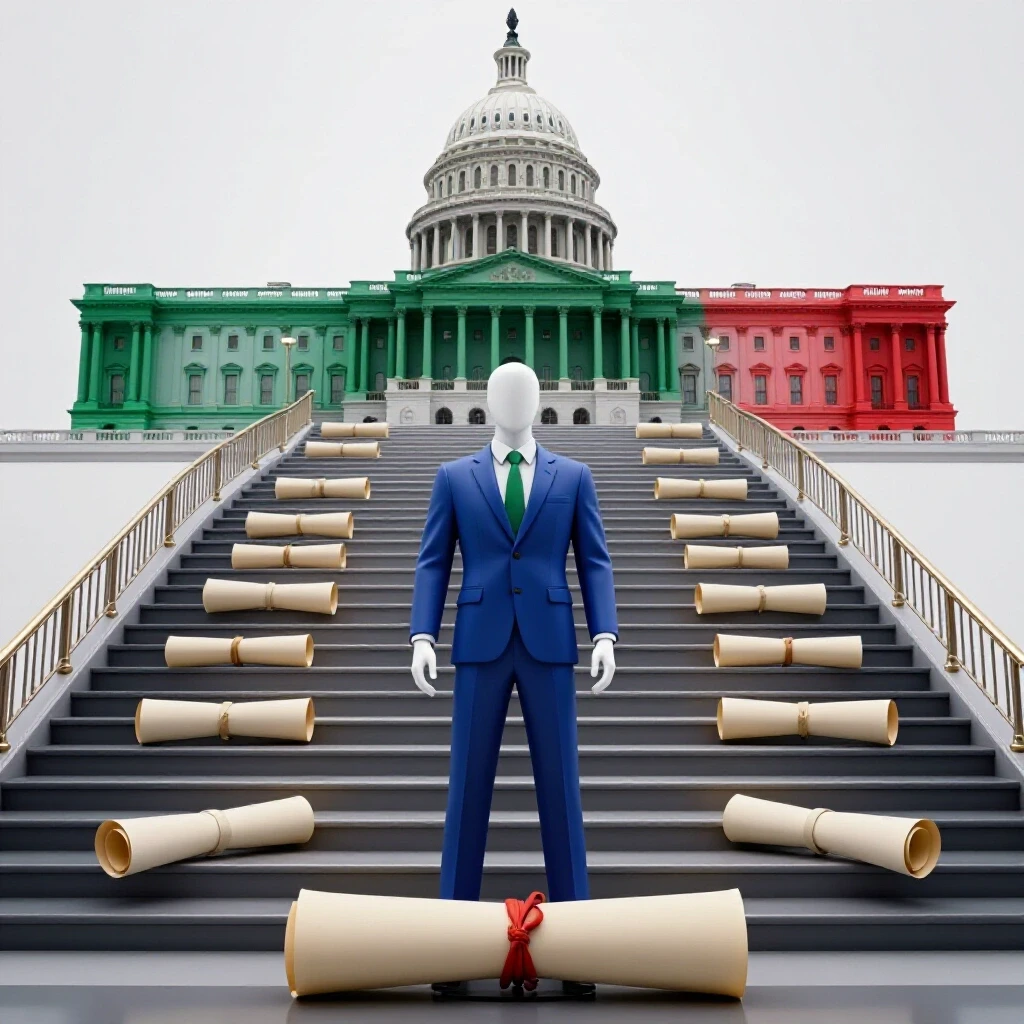 A mannequin stands at the base of colorful diploma scroll stairs leading to a majestic federal building.