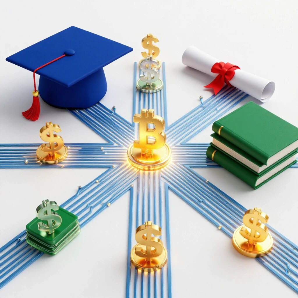 Vivid digital currency symbols and circuit lines merge with academic icons like a graduation cap and diploma on a bright background.