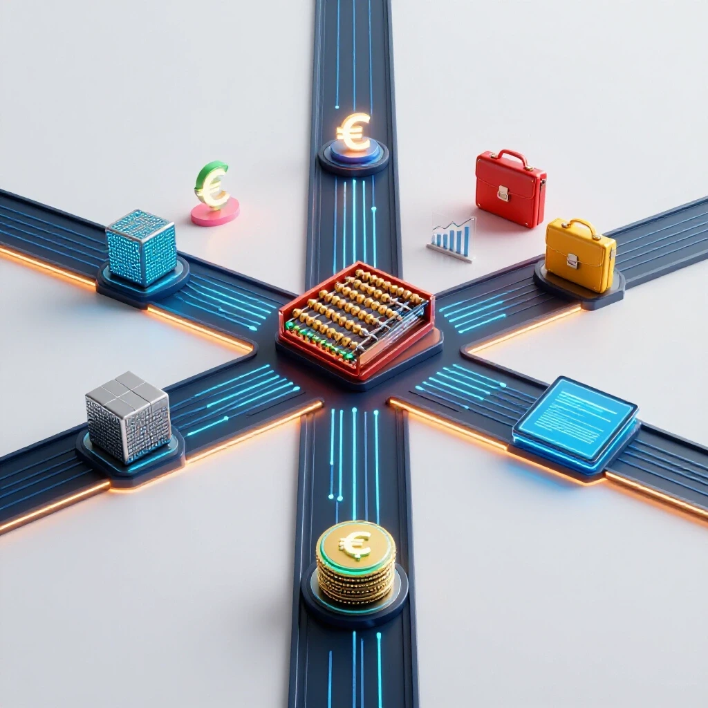 Dynamic crossroads of vivid digital finance icons and objects symbolizing top fintech career paths on a bright background.