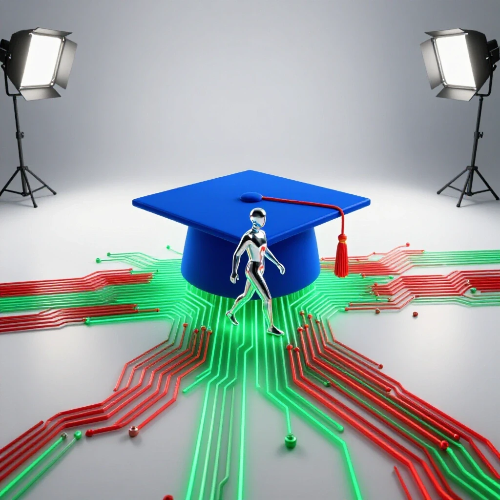 Crossroads of digital circuitry merging with a graduation cap, symbolizing fintech career pathways in a bright studio scene.
