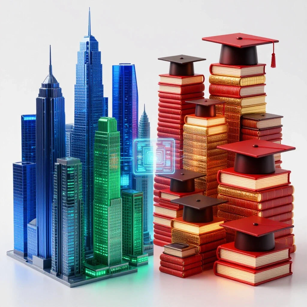 Split scene merging a futuristic financial cityscape with luminous academic symbols and digital interfaces, contrasting fintech and education.