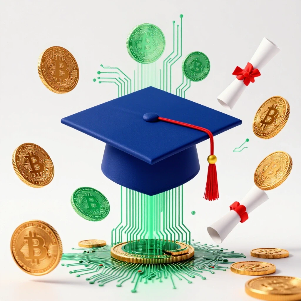 A vibrant graduation cap and diploma intertwining with digital coins and circuit patterns, set against a clean, bright background and suggesting upward momentum in fintech education.