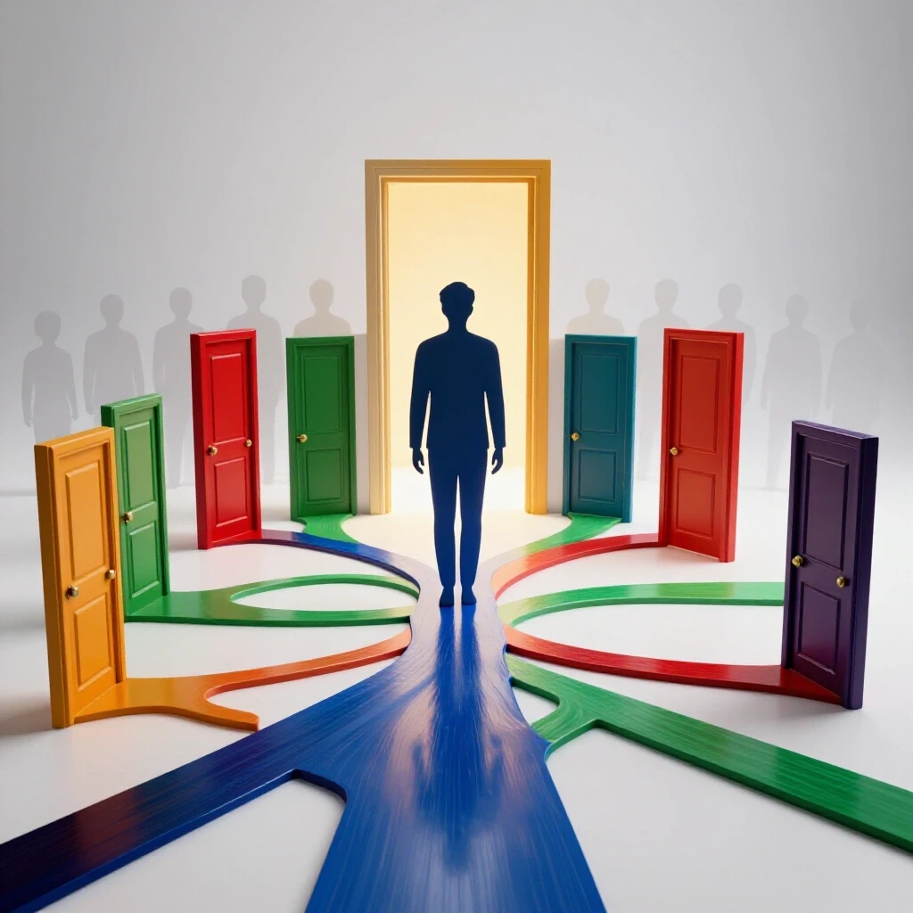 A vibrant pathway branches toward colorful doors, signifying career options for first-gen students, set in a bright studio.