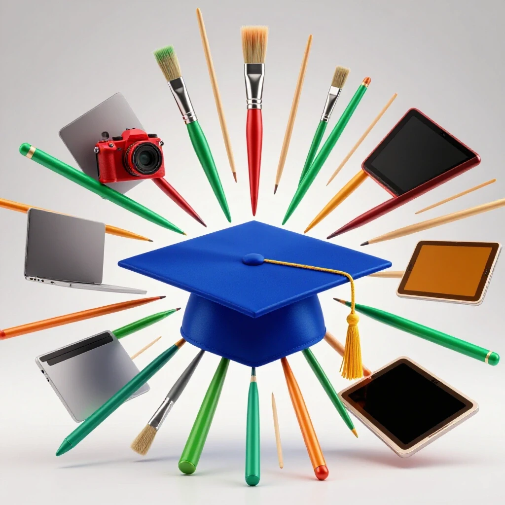 Glossy academic cap centered with vibrant freelance tools radiating outward on bright white background