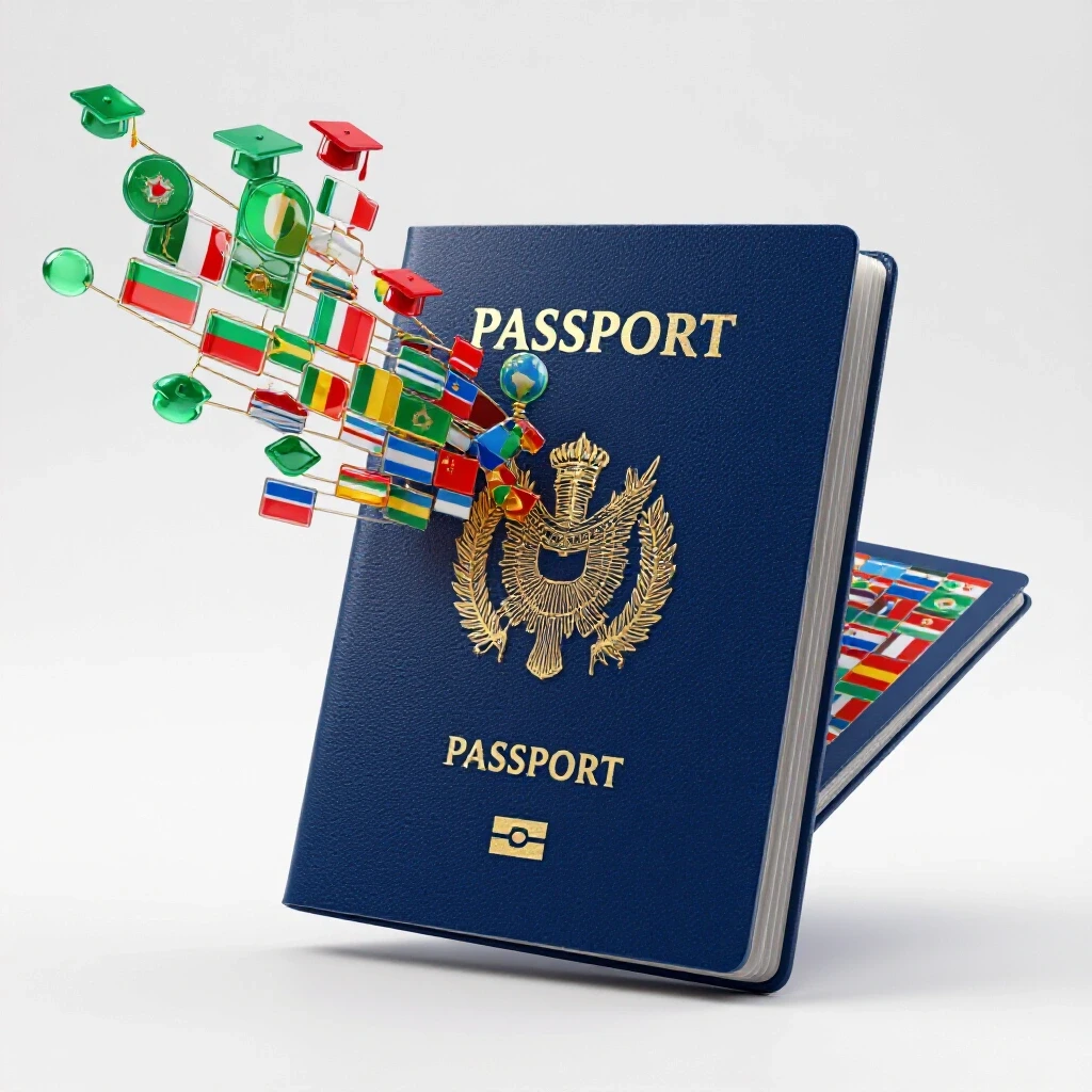 Open passport transforming into a vibrant mosaic of country flags and academic icons on a bright studio background.