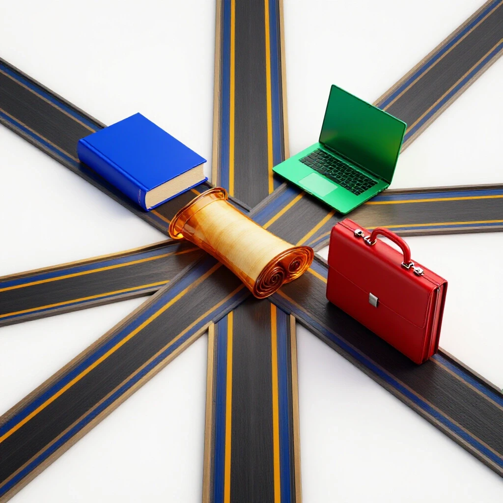 Vivid crossroads with vibrant academic symbols like book, laptop, scroll, and briefcase on a bright background.